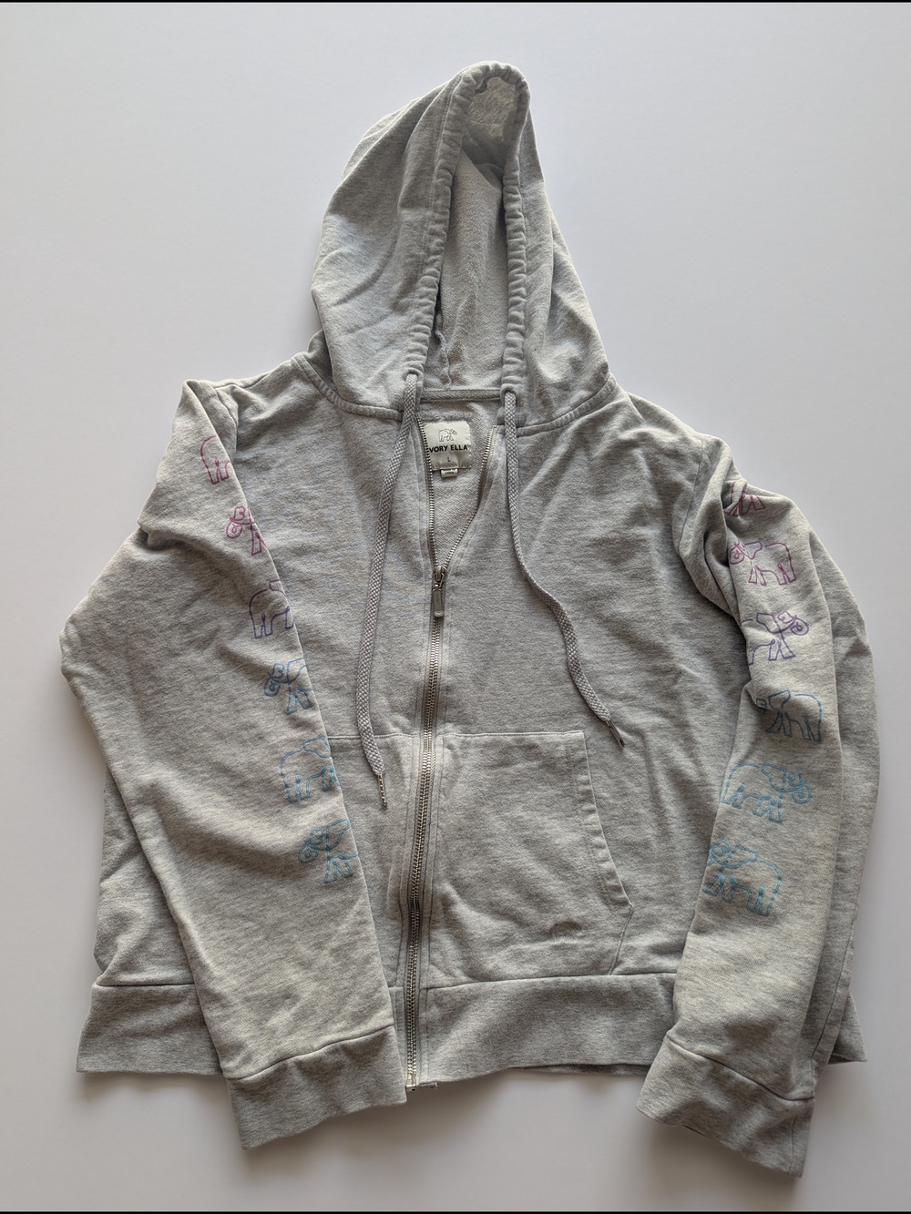 Ivory Ella Gray Full-Zip Hoodie with Elephant Sleeve Detail Large